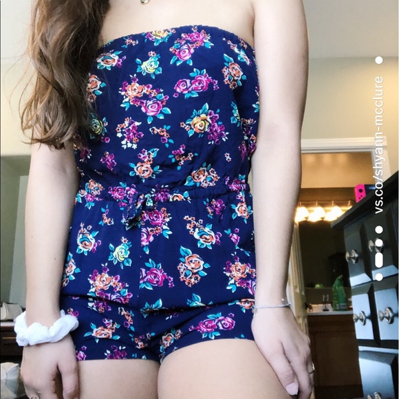 Navy blue, flower print romper - Picture 1 of 3
